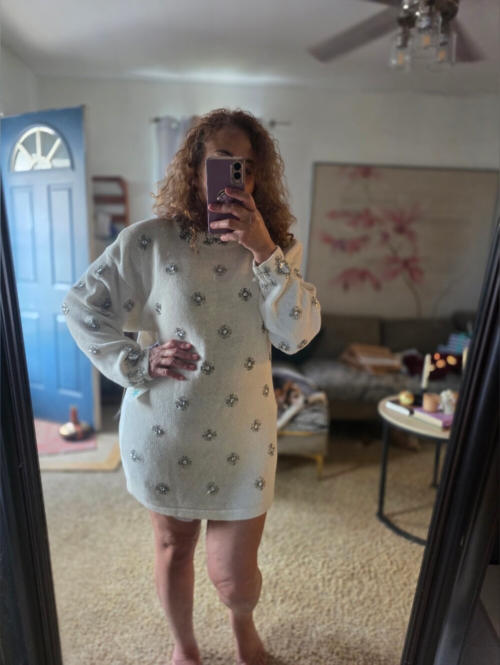 Embellished Cream Knit Dress with Crystal Accents